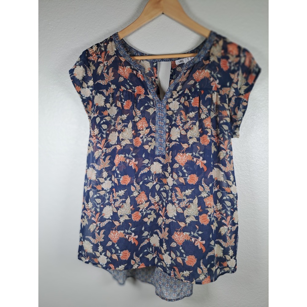 DR2 Daniel Rainn Navy Blue Floral Cap Sleeve Blouse Medium Mixed Print Top